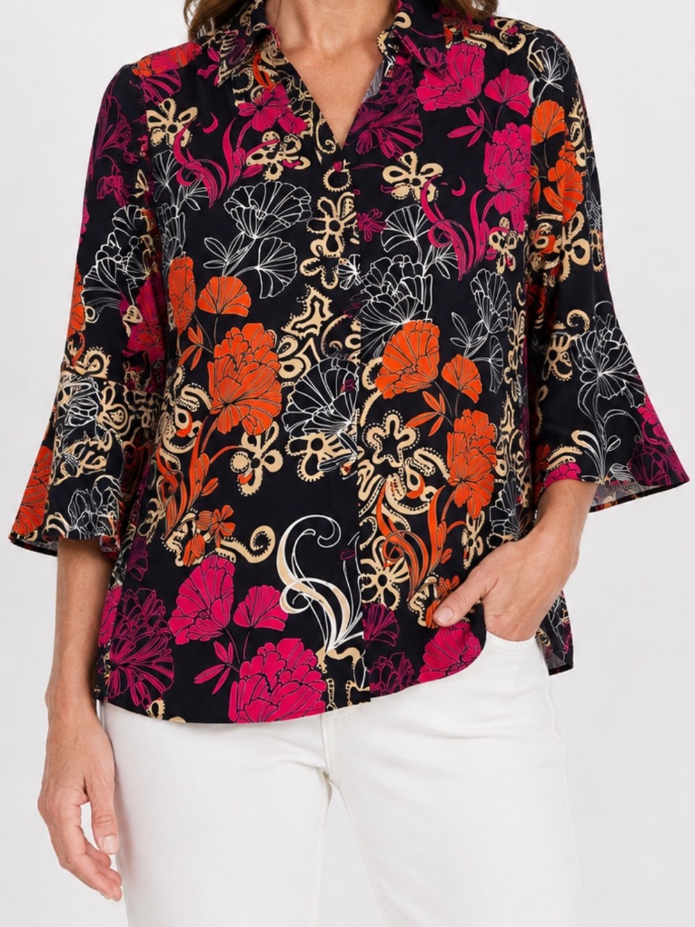Chico’s Floral Print 3/4 Sleeve Blouse Size 2 (US 12)